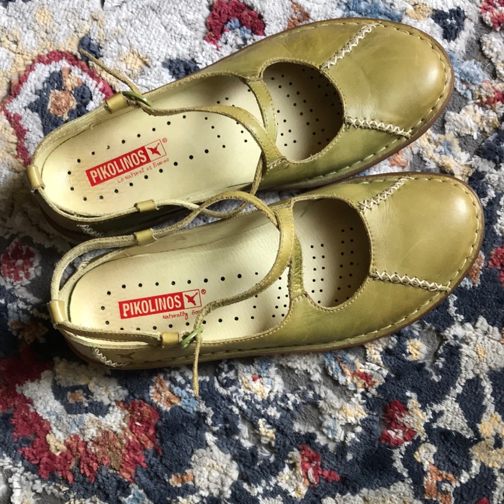 PIKOLINOS Olive Green Leather Mary Jane Flats